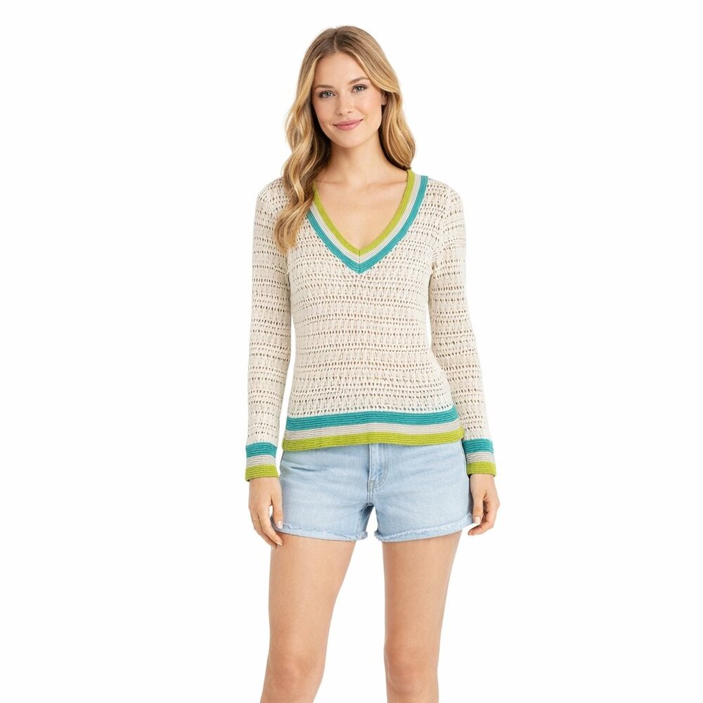 OndadeMar crochet beige blue green striped V neck top size L